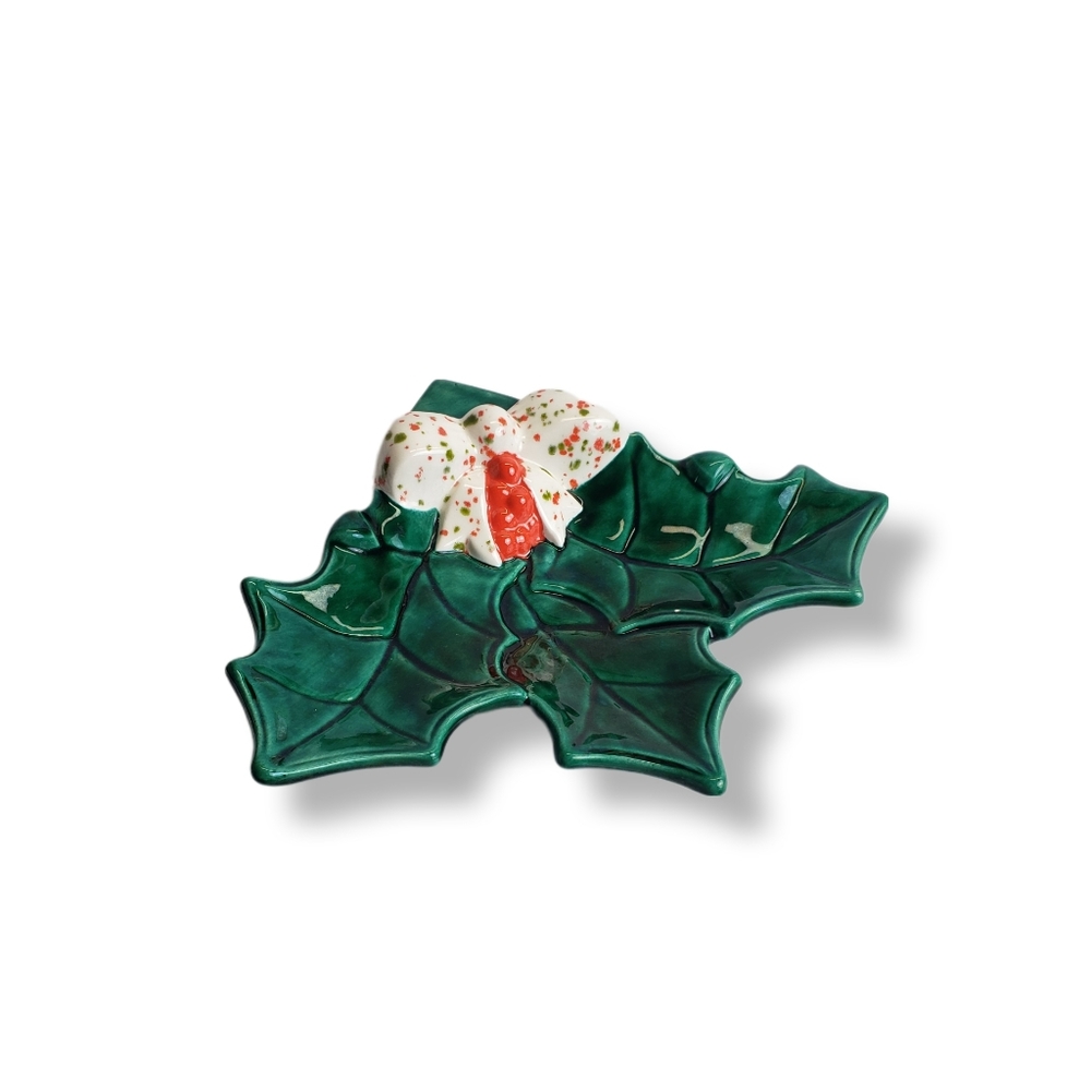 Vintage Glazed Christmas Holly And Berries Candy Dish